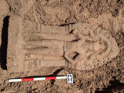 One of the sandstone statues recently discovered at Angkor Thom&#39;s Royal Palace&nbsp;