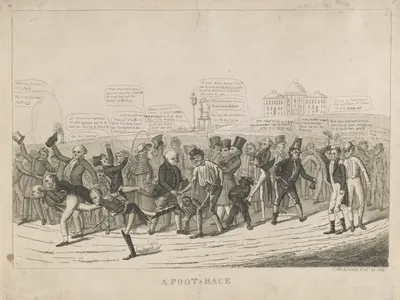 A political cartoon depicting a footrace for the position of president in the 1824 election