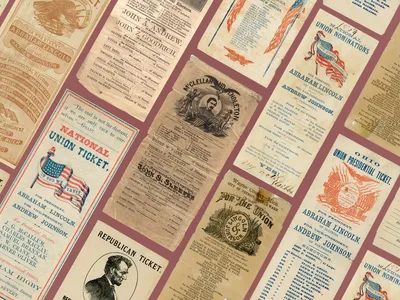 A selection of ballots from the 1860s shows a variety of the persuasive flourishes then in vogue.