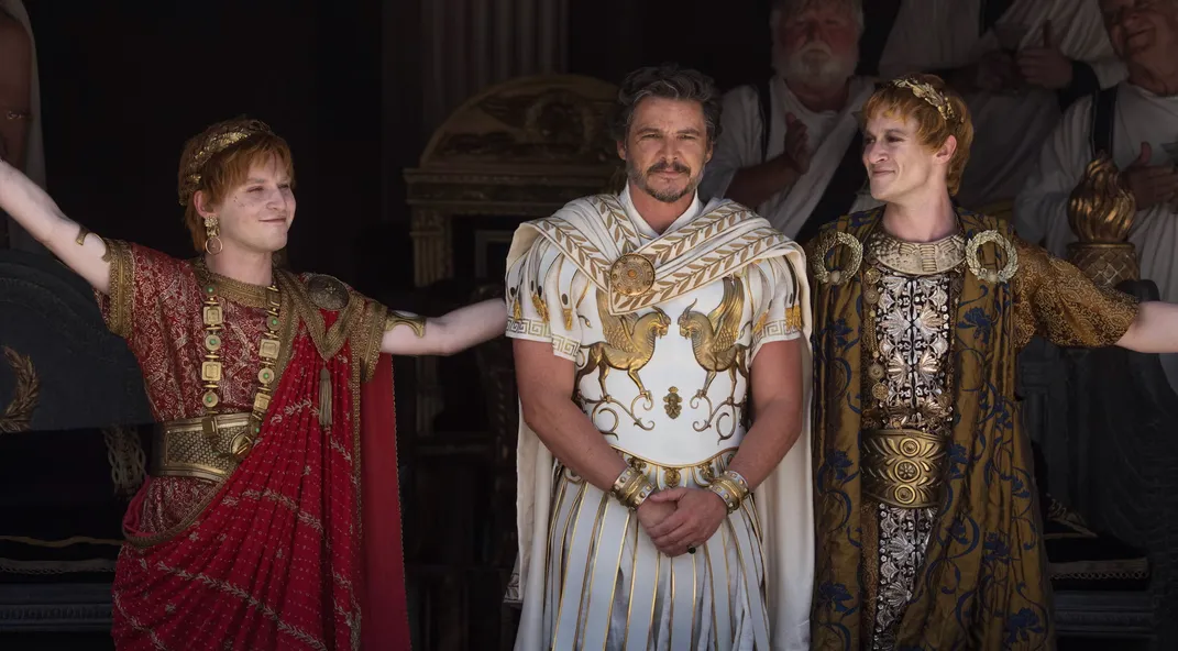 L to R: Fred Hechinger as Caracalla, Pedro Pascal as Marcus Acacius and Joseph Quinn as Geta