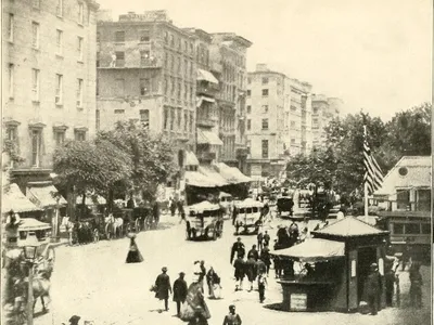 Broadway, New York City at the outbreak of the Civil War in 1861. Union soldiers can be seen walking outside a recruiting station in the image&#39;s bottom right corner.&nbsp;