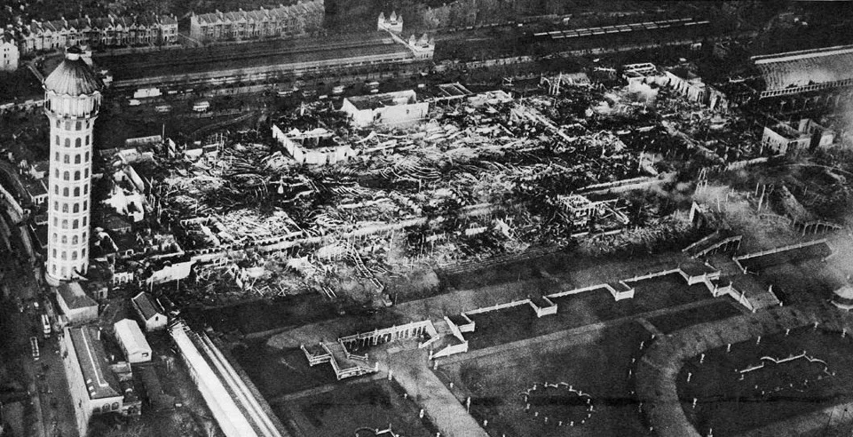 Aerial view of the destroyed Crystal Palace