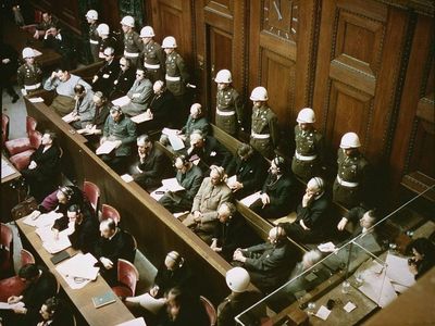 Defendants in the dock at the Nuremberg trials