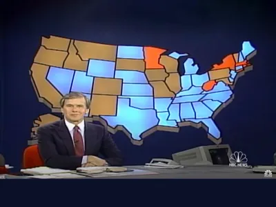 NBC News&#39; 1988 electoral map marked states won by Republican George H.W. Bush in blue and states won by Democrat Michael Dukakis in red.