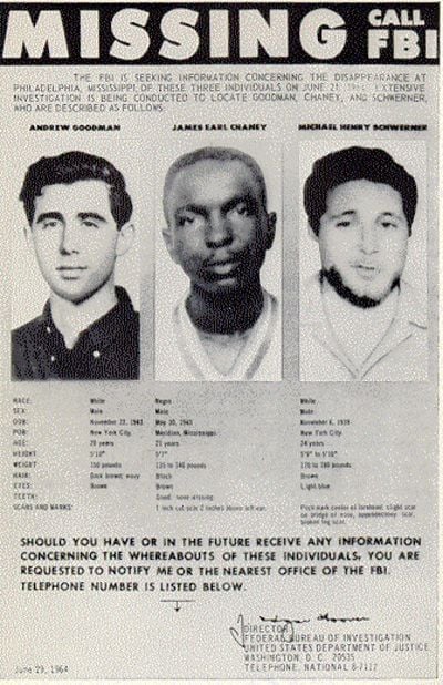 FBI missing poster for Andrew Goodman, James Chaney and Michael Schwerner