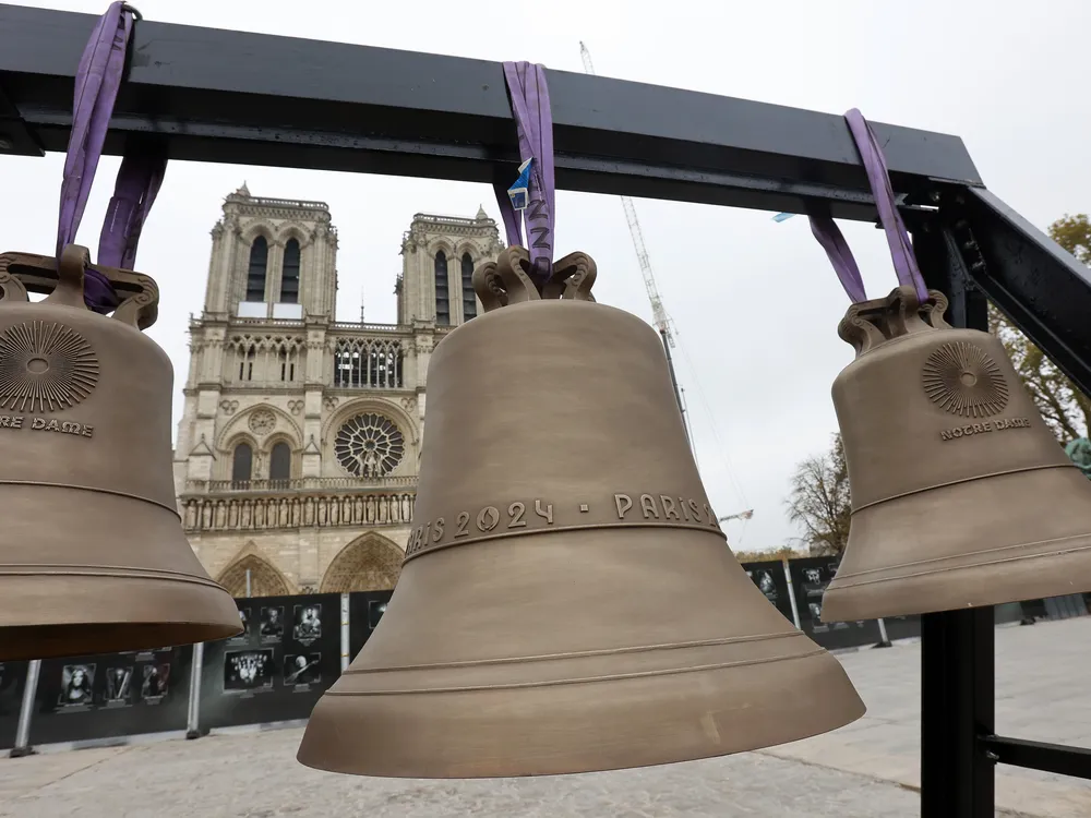 Three bells in front of Notre Dame cathedral