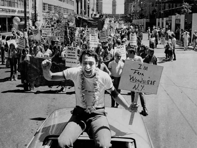 Harvey Milk at the Gay Pride Parade, San Francisco on 23rd June 1978.