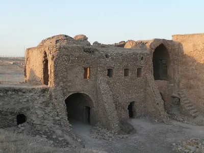 The monastery from inside the ramparts at twilight.