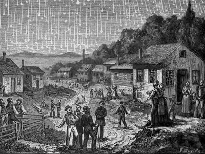 A depiction of the 1833 Leonids,&nbsp;based on a first-person account of the 1833 storm by a minister, Joseph Harvey Waggoner, on his way from Florida to New Orleans.