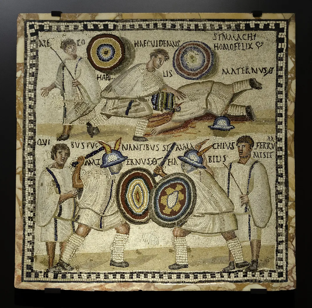 A third-century C.E. mosaic depicting a fight between two gladiators named Simmachius and Maternus