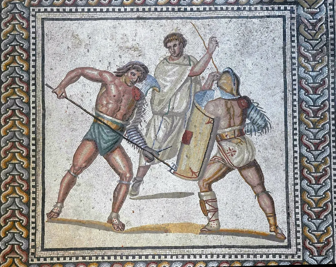 A retiarius stabs at a secutor with his trident in this mosaic from a villa in Nennig, Germany