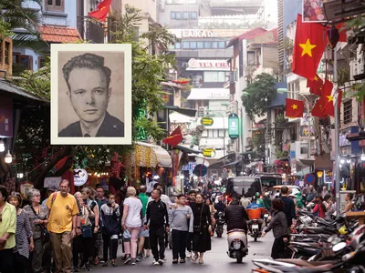 a black and white photograph of a man inset on top of street scene in a city environment