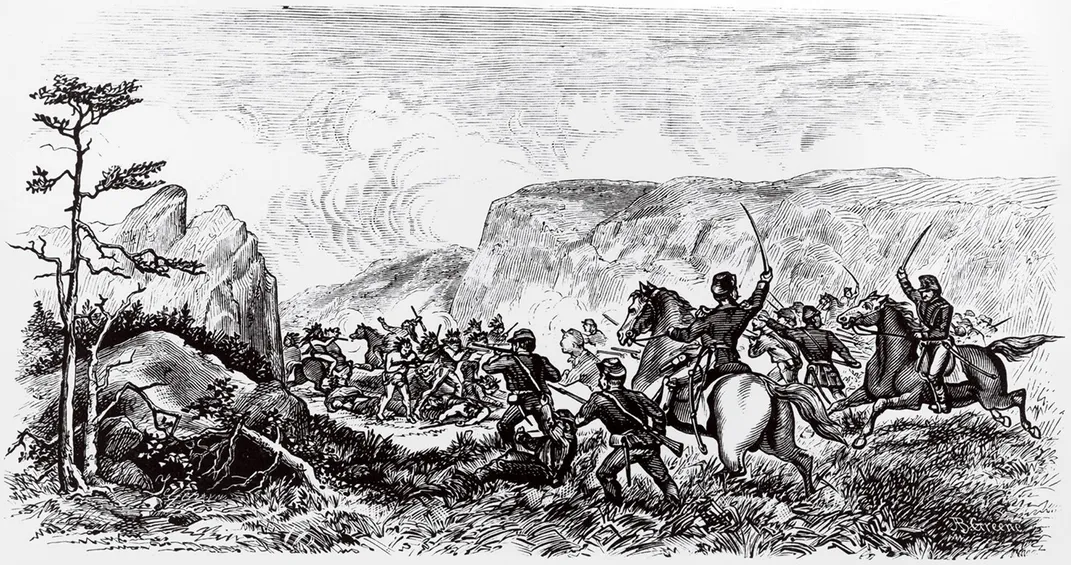 A 19th-century illustration of the attack, sometimes known as the Battle of Ash Hollow, from a biography of Gen. William S. Harney, who led the U.S. Army force.