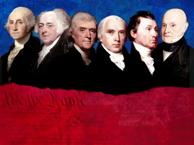 William E. Leuchtenburg&#39;s new book spotlights (from left to right) George Washington, John Adams, Thomas Jefferson, James Madison, James Monroe and John Quincy Adams.