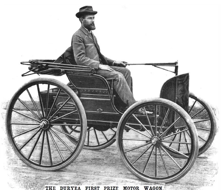 J. Frank Duryea and his American-made "motocycle"
