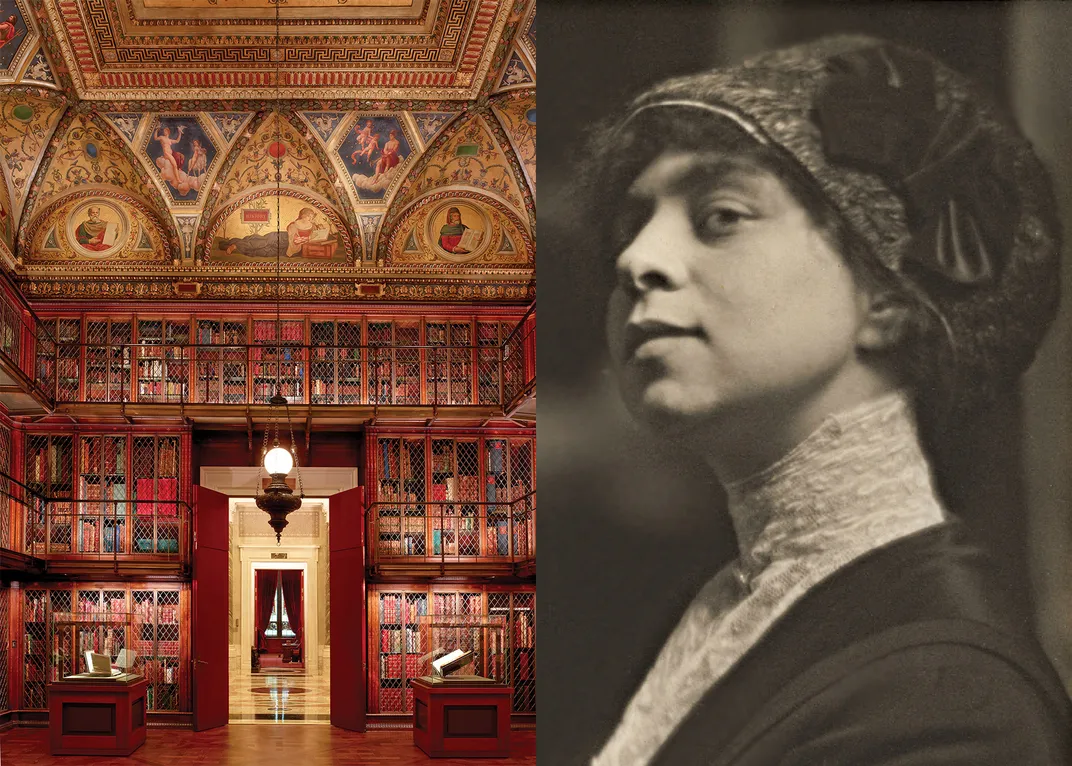A portrait of woman next to a photo of interior of a library