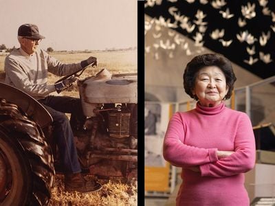 Left, Bob Fletcher in the California fields; right, Marielle Tsukamoto beneath a flock of paper cranes, symbols of peace and resilience, at an internment exhibition at the California Museum in Sacramento.