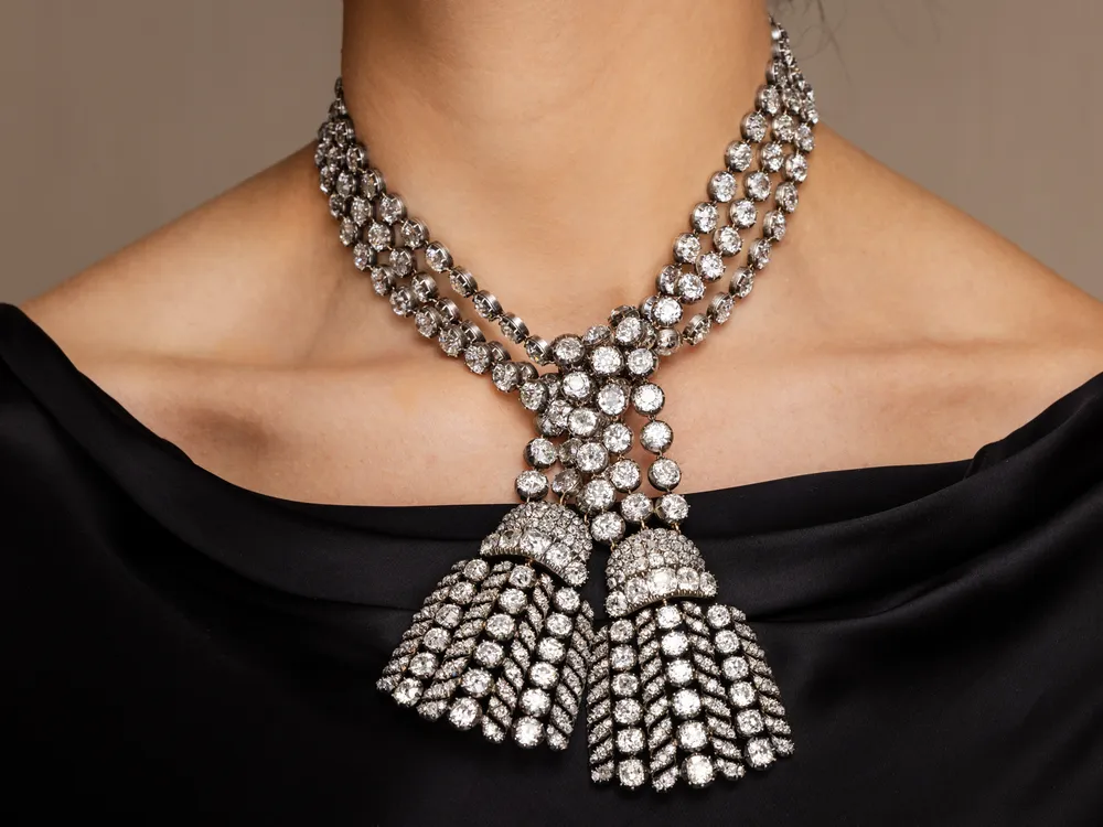 Diamond necklace tied loosely around a woman's neck