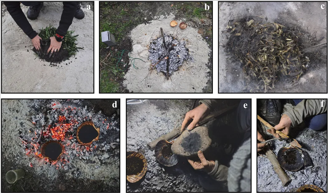 series of six images showing scientists' hands and a makeshift hearth as they re-create the hypothesized Neanderthal tar-making methods